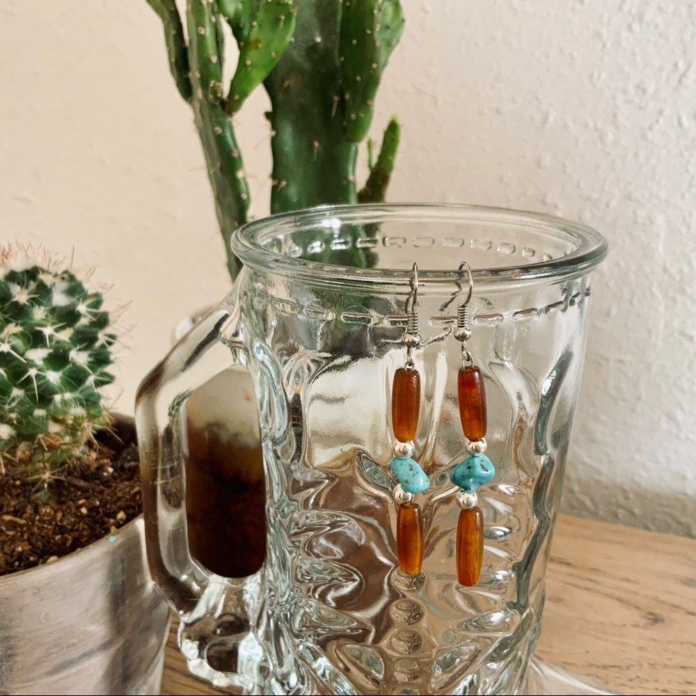 Amber Horn Hair Pipe+Turquoise+Steel Bead Earrings